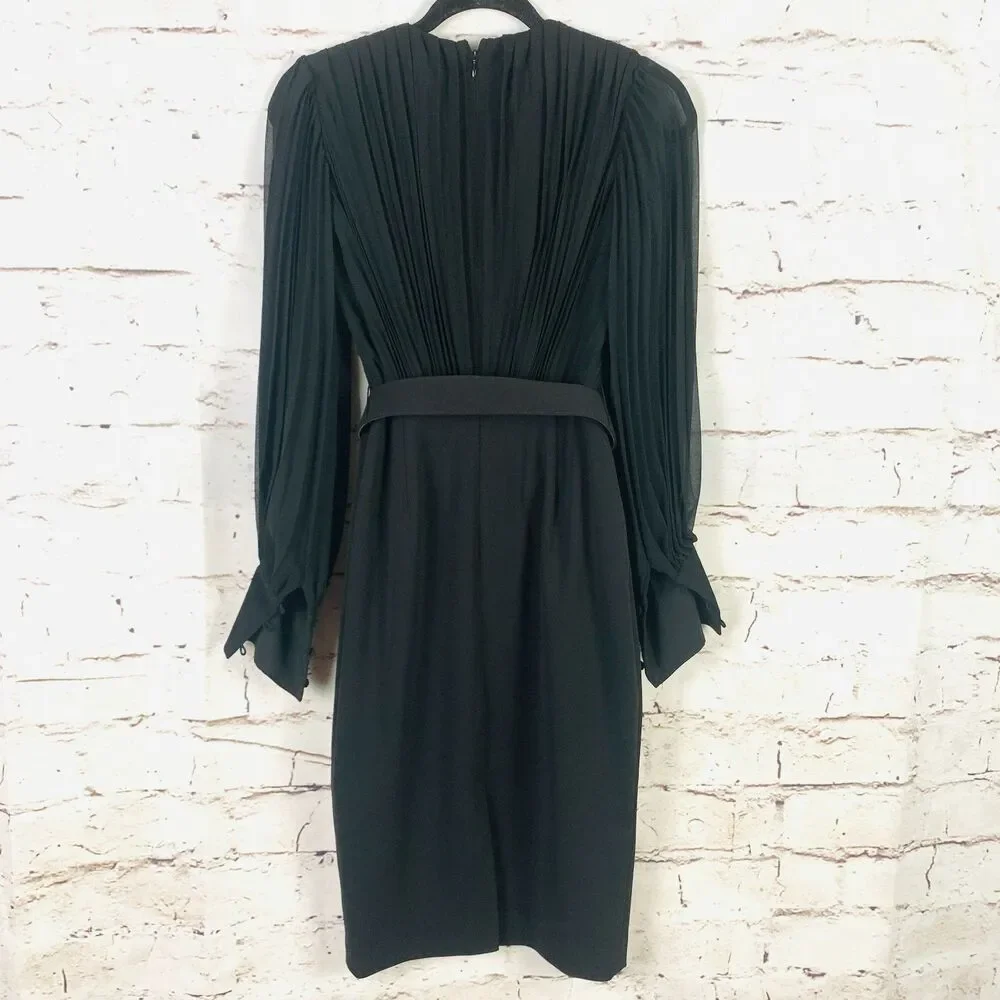 Badgley Mischka Women's Black Puff Pleated Sleeve Bodycon Sheath Midi Dress Sz 0 - Picture 2 of 7